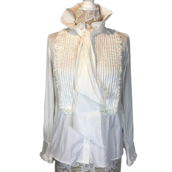 ETRO white tuxedo blouse high ruffled neck tie Victorian style size small (40) - Picture 2 of 13